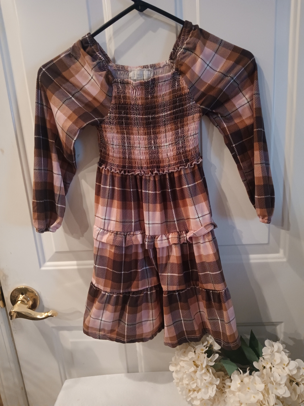 btween Plaid Smocked Ruffle Tiered Dress - Pink & Brown